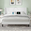 VECELO Full Bed Frame with Upholstered Wingback Headboard, Heavy-Duty Platform Bedframe with Charging Station & Side Pockets, No Box Spring Needed, White