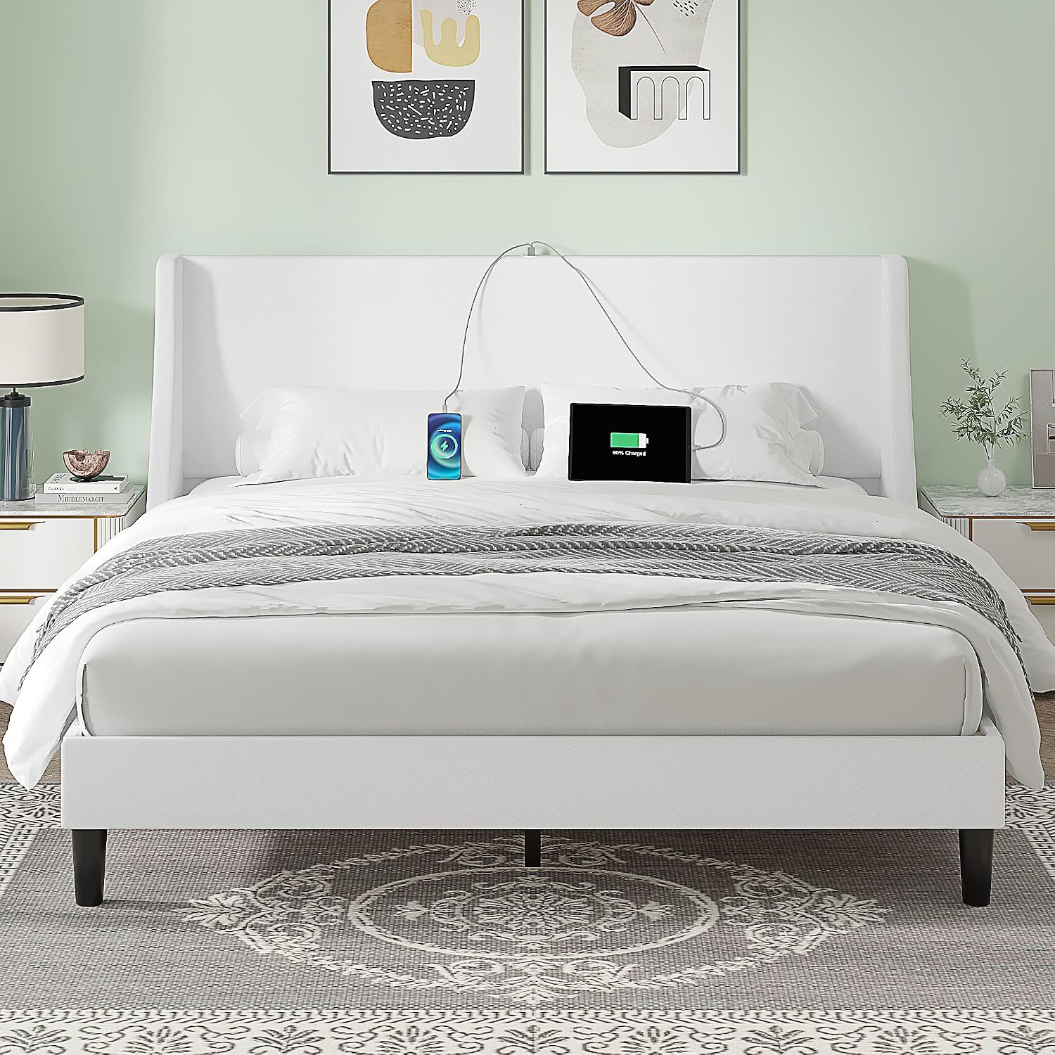 VECELO Full Bed Frame with Upholstered Wingback Headboard, Heavy-Duty Platform Bedframe with Charging Station & Side Pockets, No Box Spring Needed, White