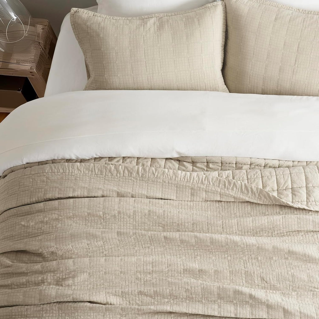 EVERGRACEHOME Stonewashed Cotton Quilt Set King Size, Ultra Soft Oversized Bedspread Coverlet Set, Lightweight Crinkle Box Stitch Bedding Sets for All Season, with 2 Shams, Flax Beige