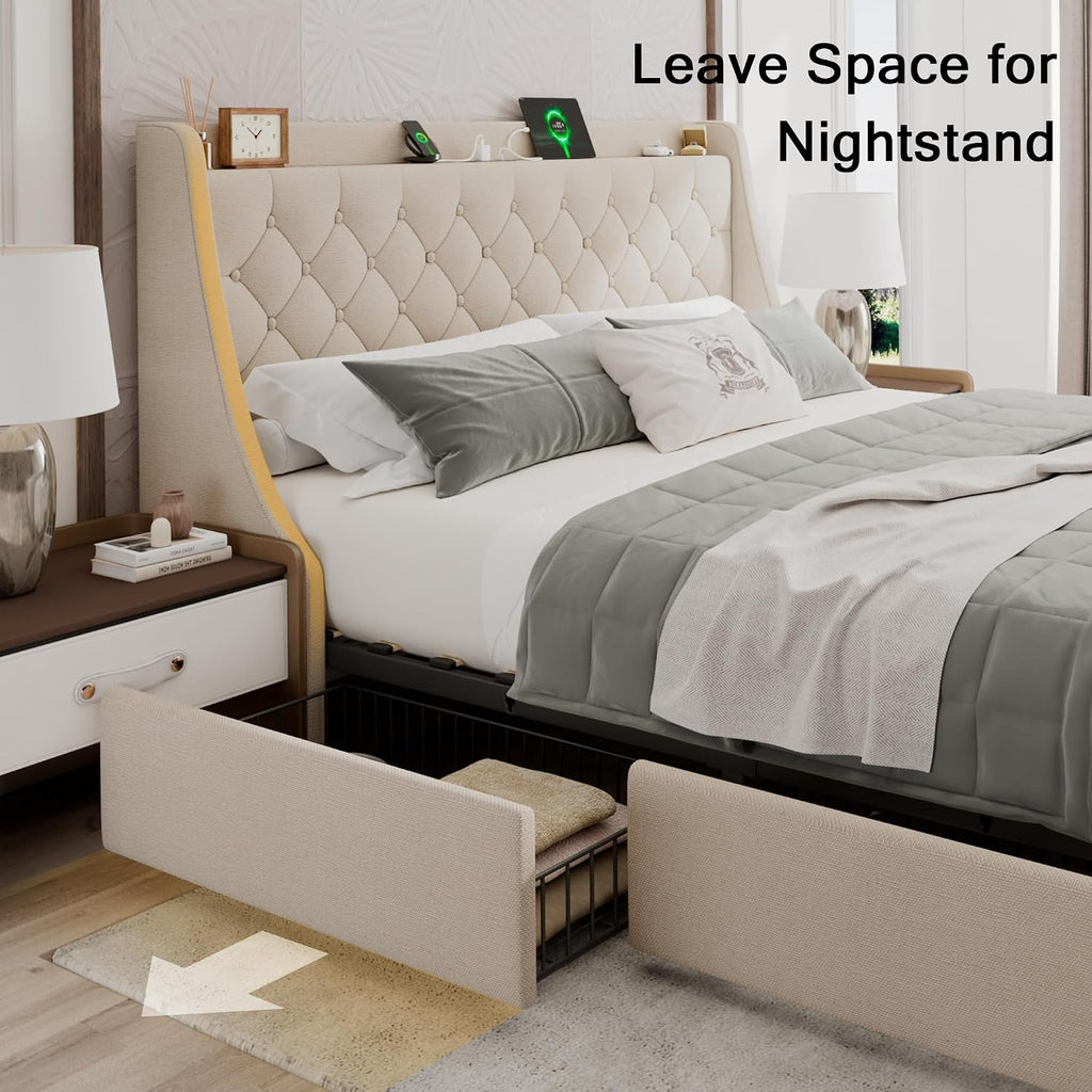 Einhomn Upholstered King Size Bed Frame with 4 Storage Drawers, Modern Platform Bed with Wingback Headboard, Charging Station, No Box Spring Needed, Beige