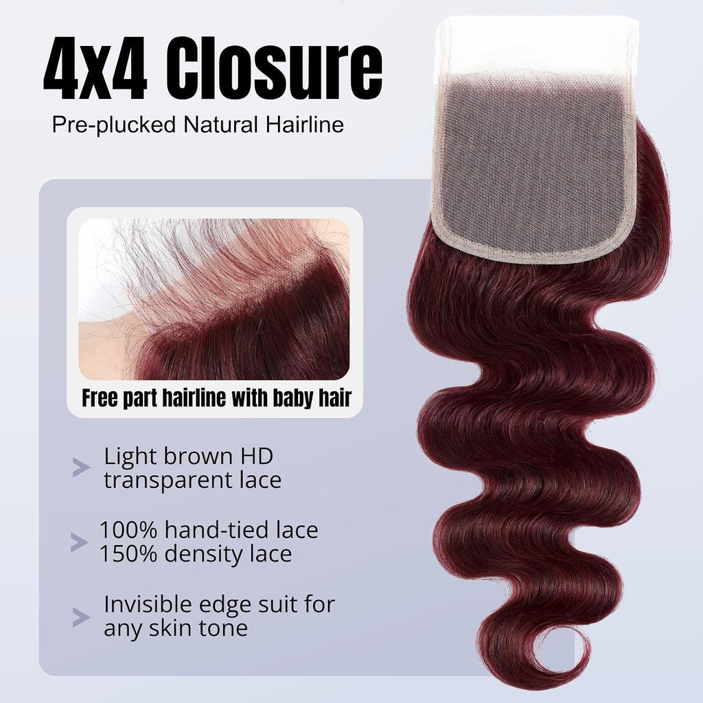Double Drawn Dark Burgundy Human Hair Bundles with 4x4 Lace Closure, 13A 100% Raw Hair Body Wave #99J Wine Red Colored 3 Bundles with HD Transparent Lace Free Parting 10 12 14 + 10 Inch