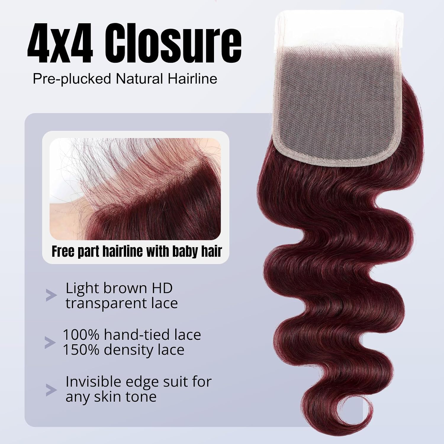Double Drawn Dark Burgundy Human Hair Bundles with 4x4 Lace Closure, 13A 100% Raw Hair Body Wave #99J Wine Red Colored 3 Bundles with HD Transparent Lace Free Parting 10 12 14 + 10 Inch