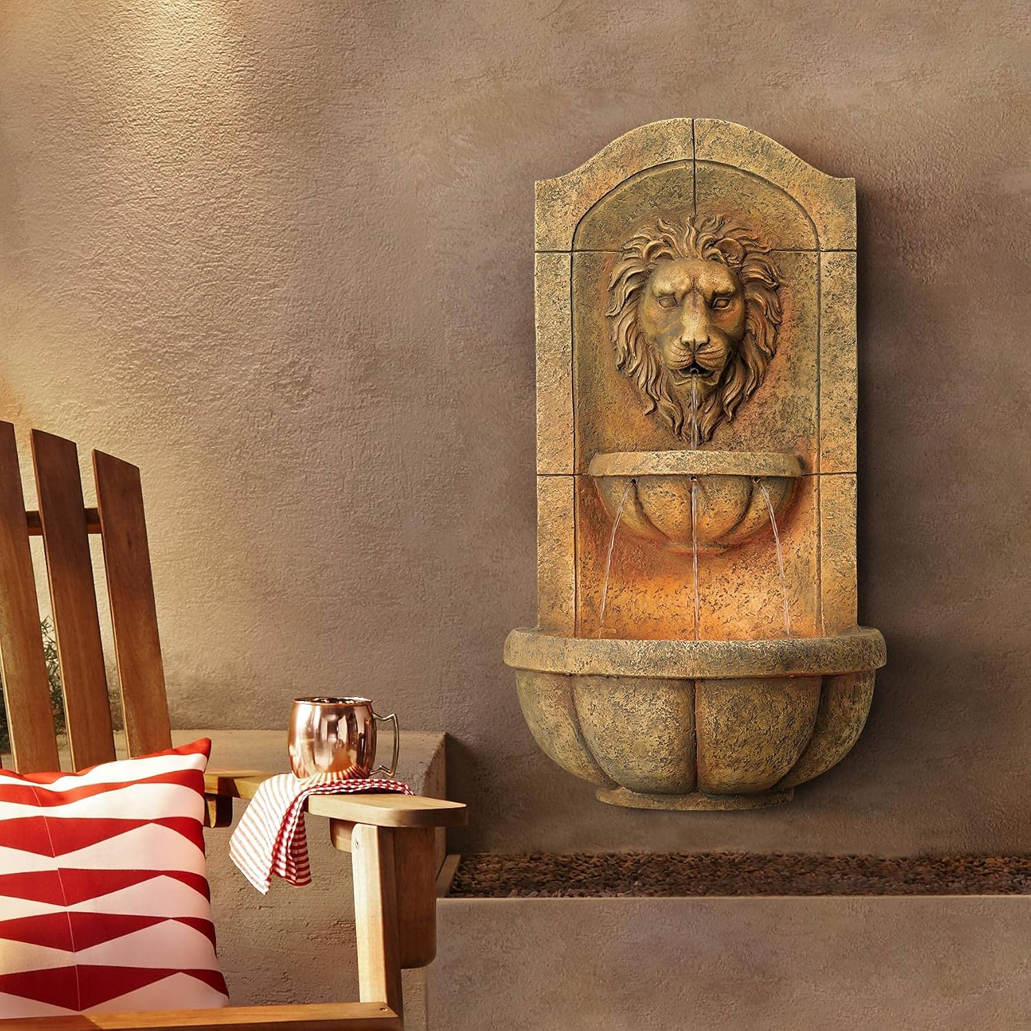Royal Lion Head 29 1/2' High Large Italian Indoor Outdoor Decor Faux Stone Wall Fountain with Light LED Statue Waterfall Tiered Water Feature for Outside Garden Patio Yard Backyard - John Timberland