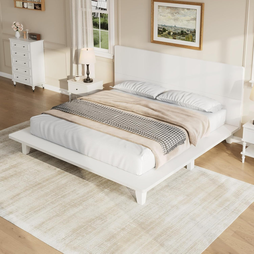 Merax King Size Solid Wood Platform Bed Frame, Modern Comfortable with Headboard, Slat Support, No Box Spring Needed, White