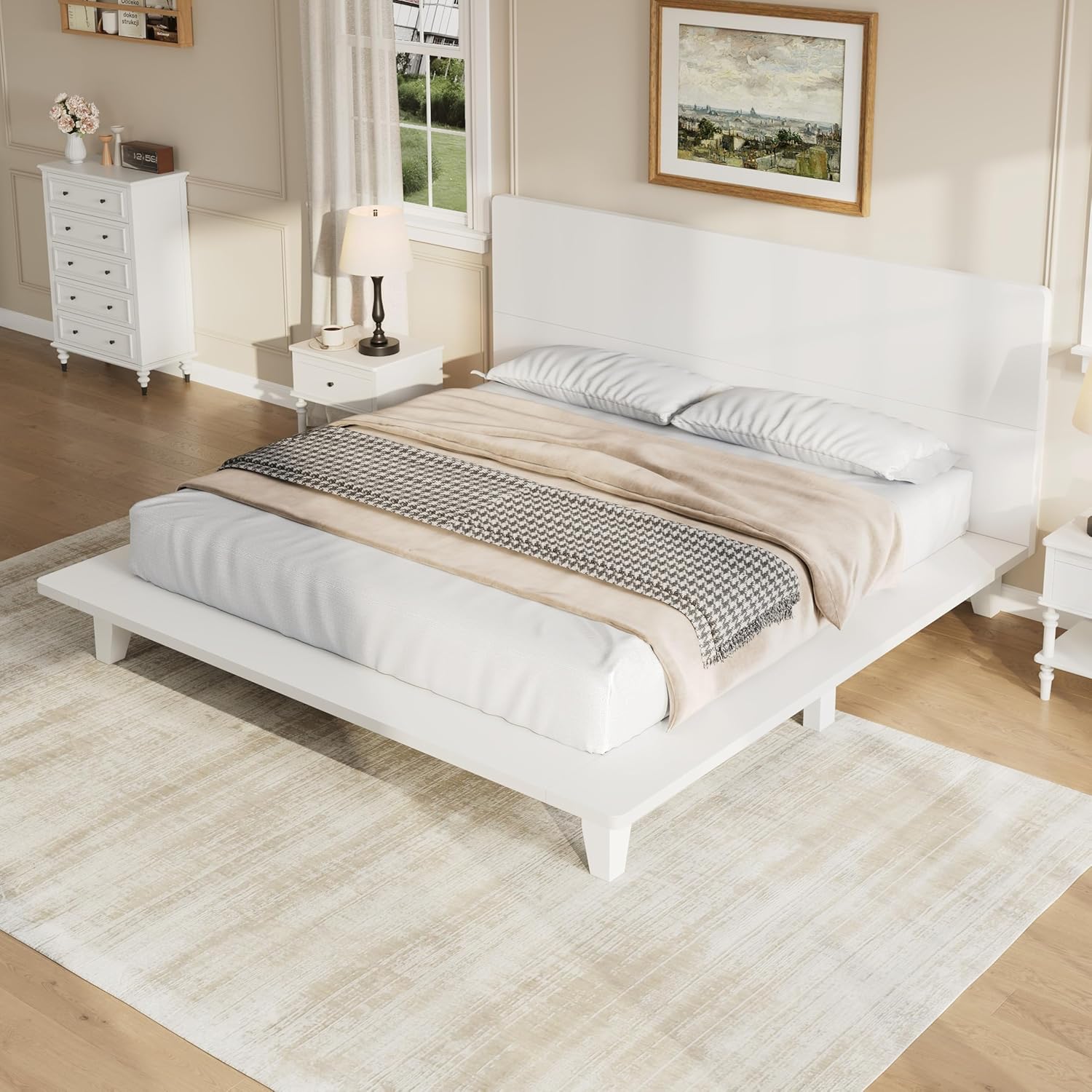 Merax King Size Solid Wood Platform Bed Frame, Modern Comfortable with Headboard, Slat Support, No Box Spring Needed, White
