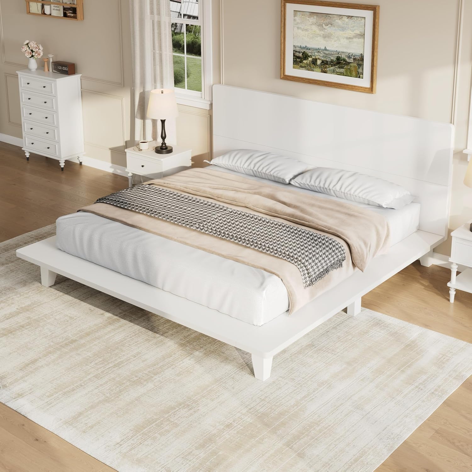 Merax Full Size Solid Wood Platform Bed Frame, Modern Comfortable with Headboard, Slat Support, No Box Spring Needed, White