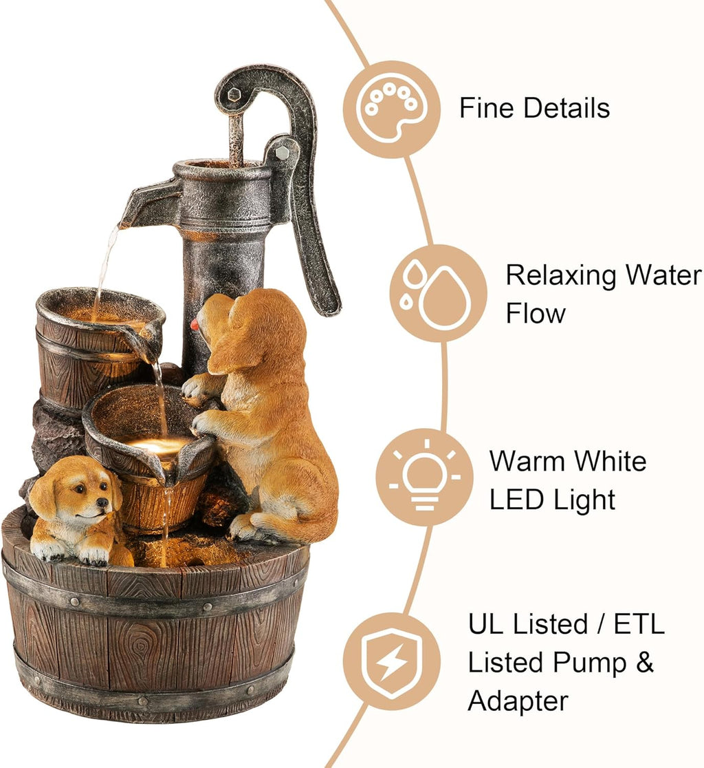Glitzhome Water Fountain Outdoor, Outdoor Fountain with Lights & Pump, 23.75' H Cute Dog Playing Around The Water Polyresin Cascading Waterfall Floor Standing Water Feature for Garden, Patio