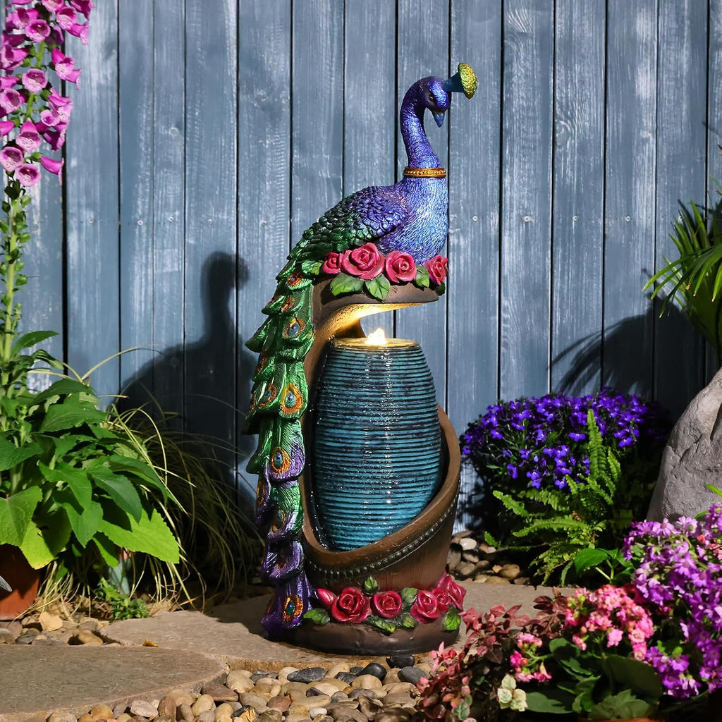 Tankana Outdoor Water Fountain 32' H Cascading Peacock Waterfall Fountain with LED Lights & Pump Tiered Water Feature for Garden, Patio, Backyard, Deck, and Porch Decor