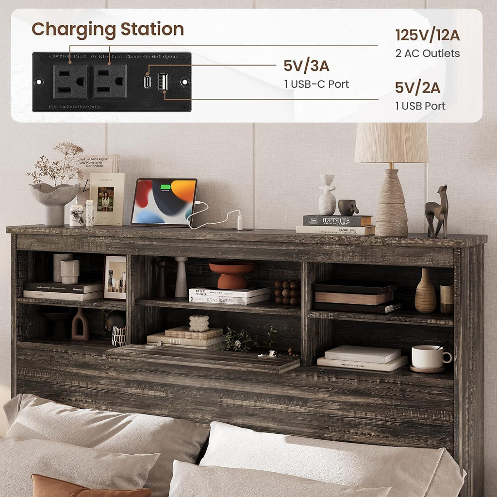 4-Piece Bedroom Furniture Sets, Wooden Queen Size Platform Bed Frame with Storage Headboard and Charging Station, 2 Nightstands with 2 Drawers, 1 Dresser with 5 Drawers (Antique Gray-01)
