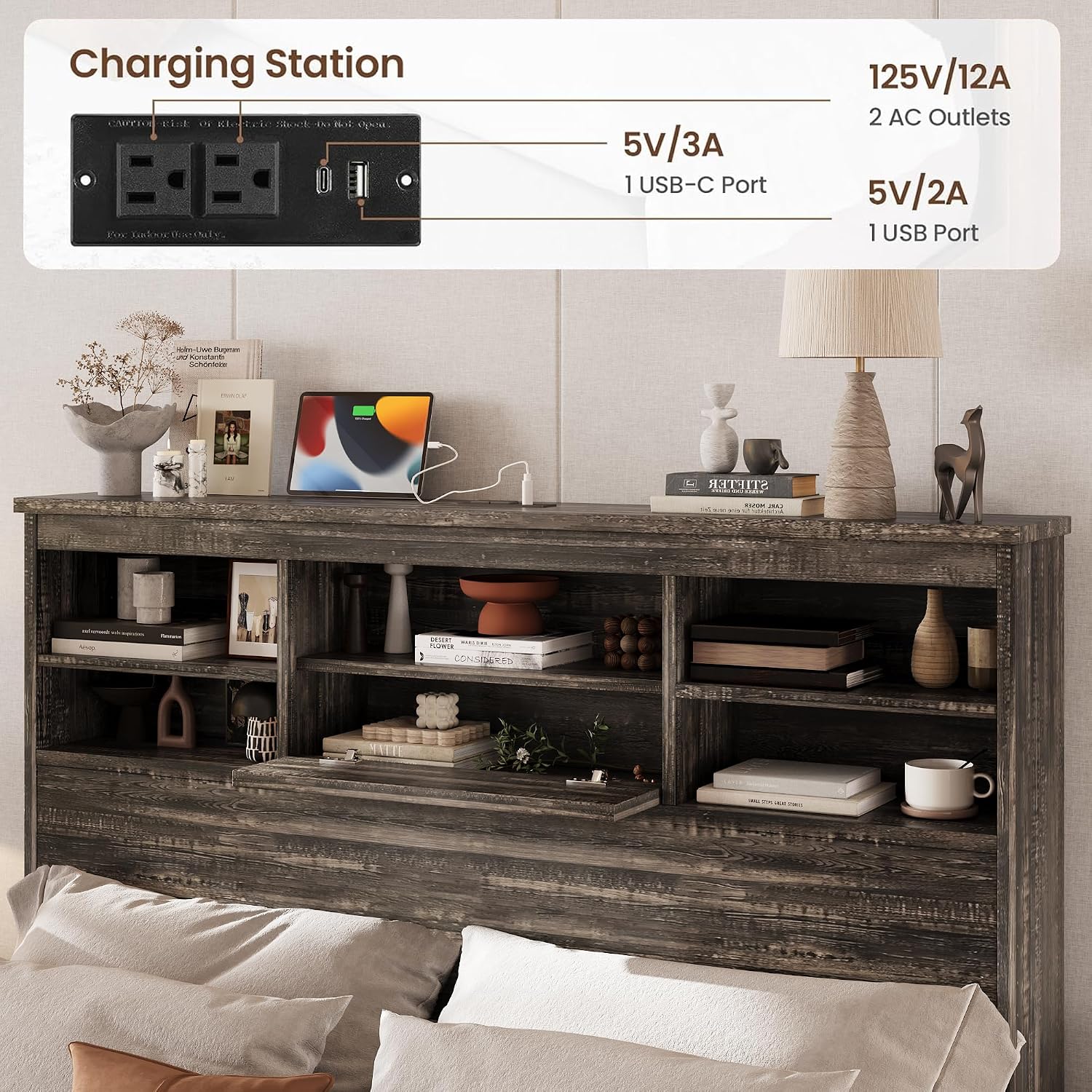 4-Piece Bedroom Furniture Sets, Wooden Queen Size Platform Bed Frame with Storage Headboard and Charging Station, 2 Nightstands with 2 Drawers, 1 Dresser with 5 Drawers (Antique Gray-01)