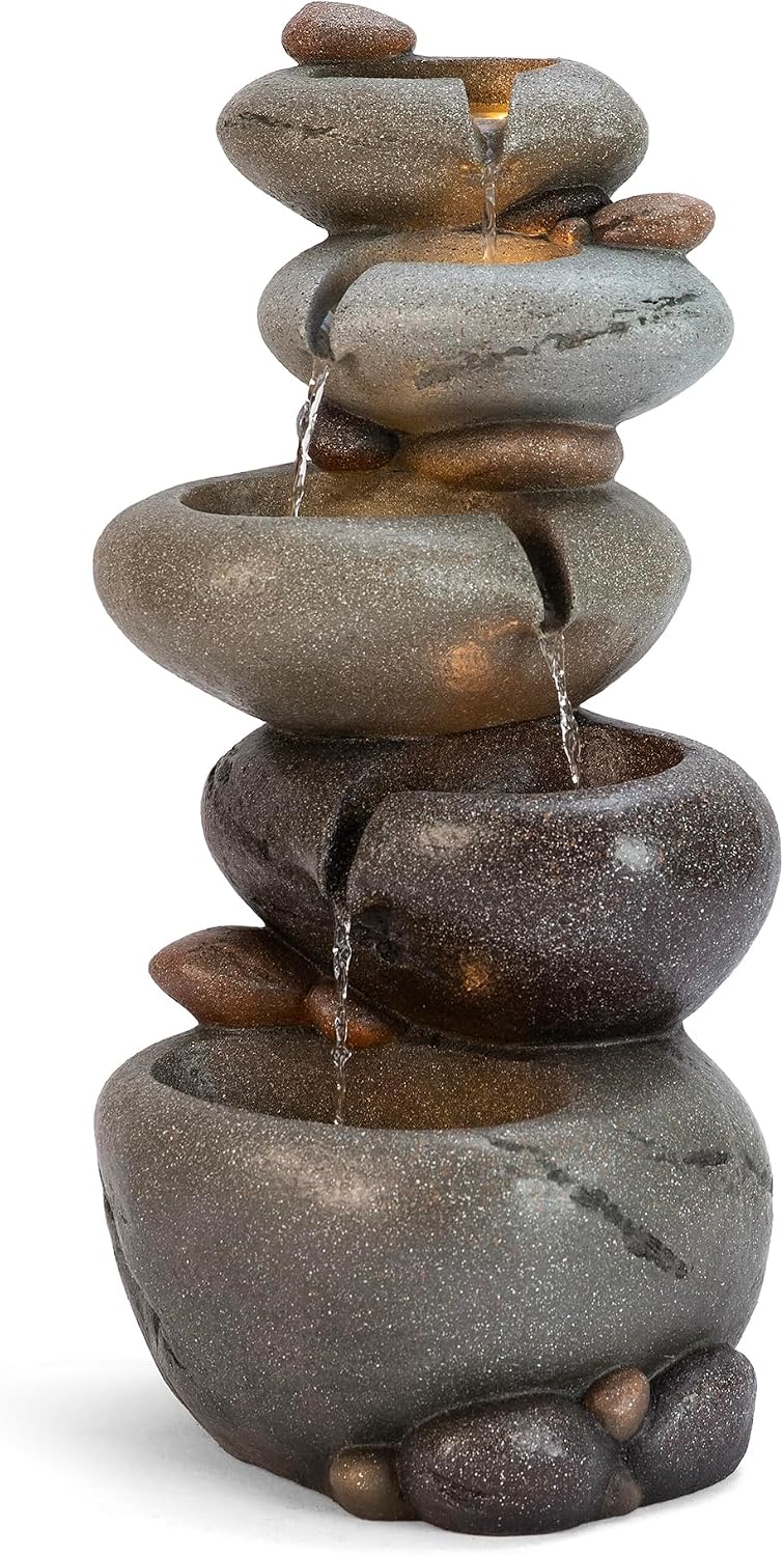 Glitzhome Water Fountain Outdoor, 5-Tiered Stacked Pebbles Outdoor Fountain with LED Lights and Pump, 24.5' H Zen Style Polyresin Waterfall Fountain Water Feature for Garden, Yard, Patio, Porch Decor