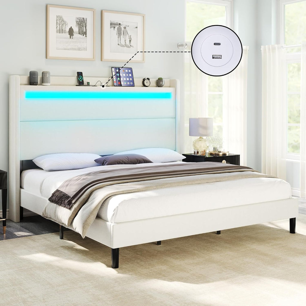 AMERLIFE King Bed Frame with LED Lights & Wingback Headboard, Upholstered Platform Bed with USB & USB-C Ports, No Box Spring Needed/Noise Free/White