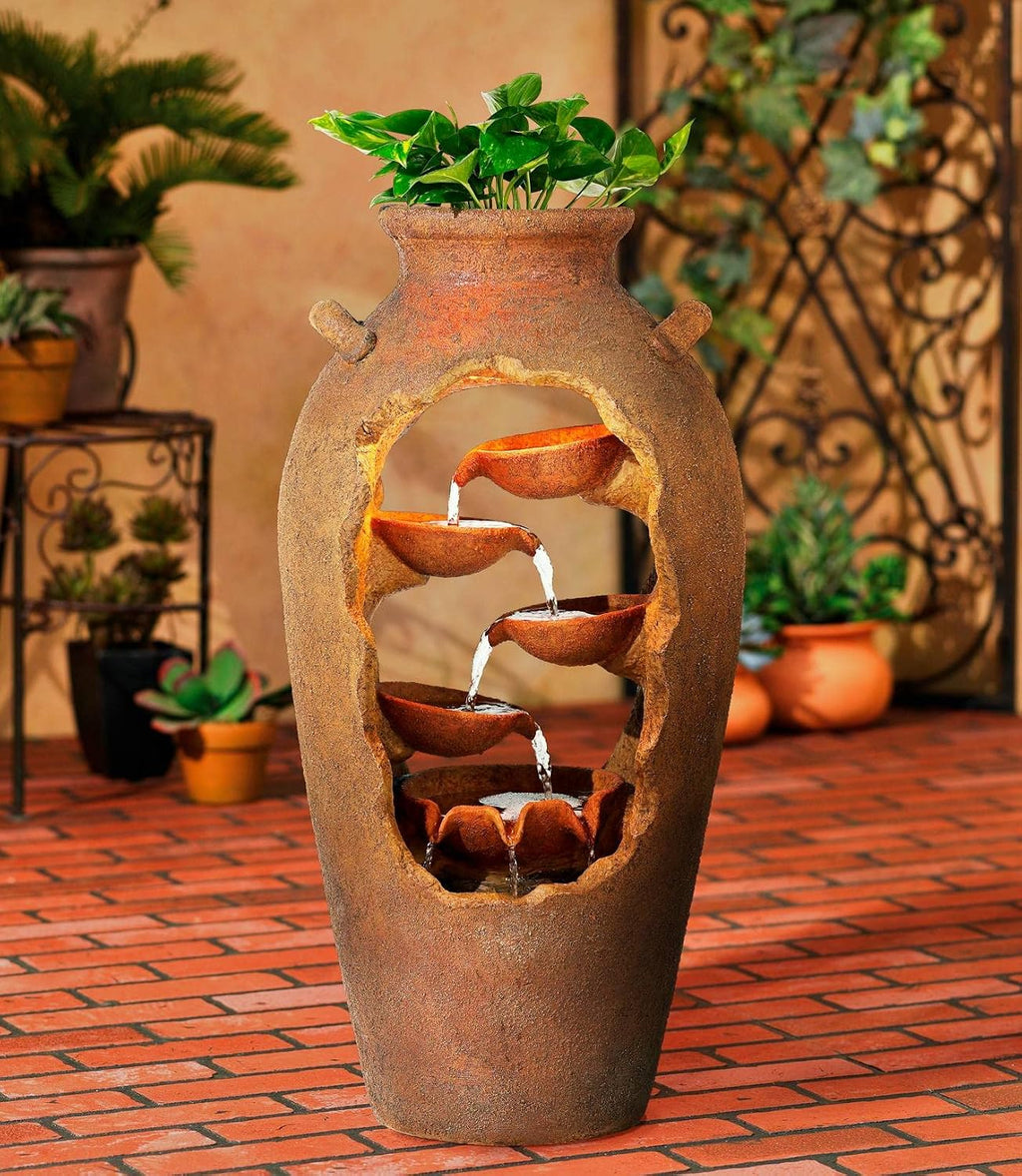 Nathan Cascade 33' High Large Rustic Outdoor Decor Faux Stone Floor Fountain with Light LED Urn with Planter Waterfall Standing Water Feature for Outside Garden Patio Yard Backyard - John Timberland