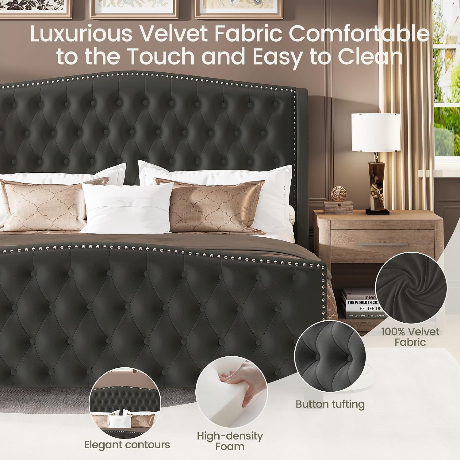 LARMACE King Size Bed Frame Velvet Upholstered Platform Bed with Wingback Headboard & Footbaord, Deep Button Tufted Bed Frame with Wood Slats Support, No Box Spring Needed, Grey