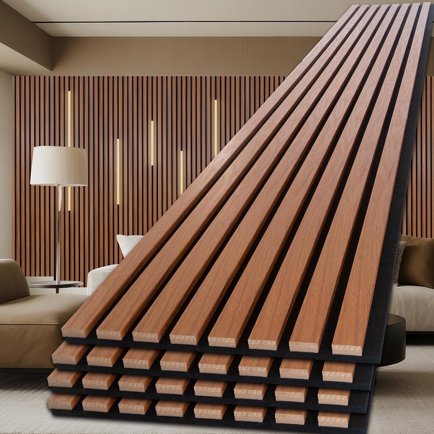 NeatiEase Wood Panels for Wall, 4-Piece 120' x 12.6' Soundproof Wood Slat Wall Panel for Interior Wall Decor Noise Cancelling, Acoustic Wall Panels, Sound Absorbing Panel (Teak)