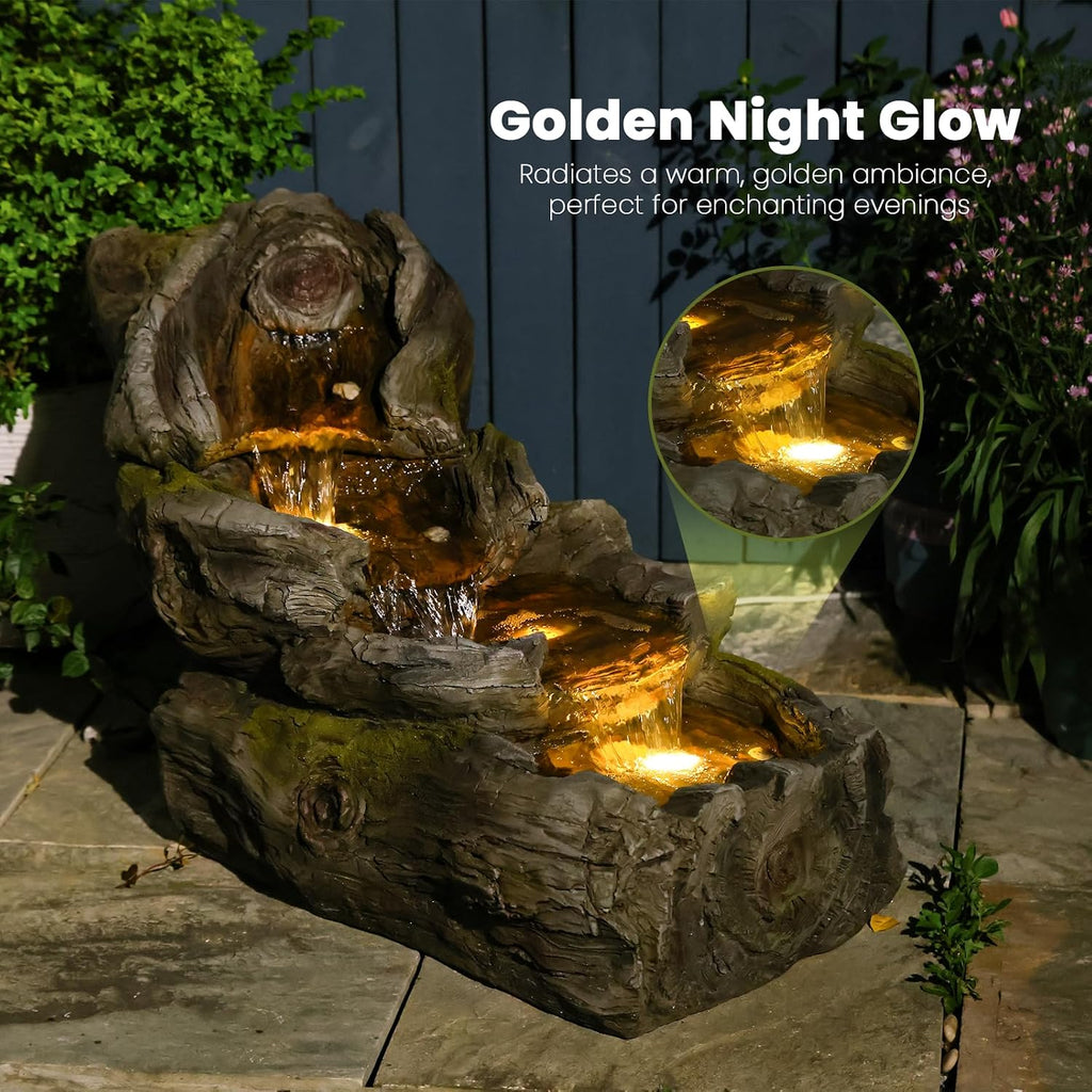 Sunlinua 23.62' L Outdoor Water Fountain with 3 Tiers Cascading Realistic Tree Trunk Waterfall Fountains with LED Lights Outdoor Water Fountain for Garden Patio Backyard Porch Home Decor
