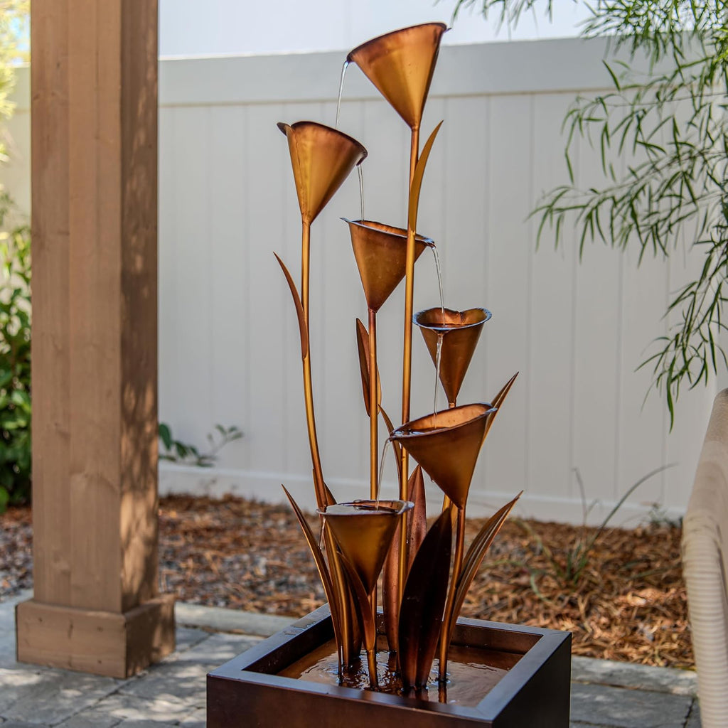 XBrand 46' Tall Bronze Metal Sculptural Flower Multi-Tier Freestanding Water Fountain for Indoor & Outdoor Use, Decorative Garden Patio Backyard Water Feature