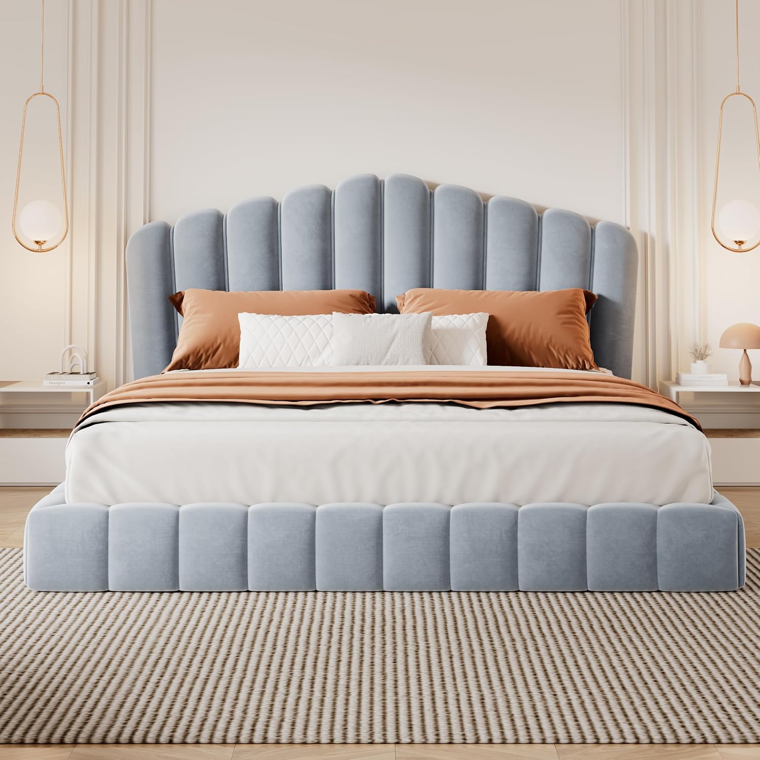 JIVOIT Velvet Upholstered Platform Bed, Queen Bed Frame with Shell-Shaped Headboard, Low-Profile Platform Design with Wood Slats Support, No Box Spring Needed (Light Blue * 167)