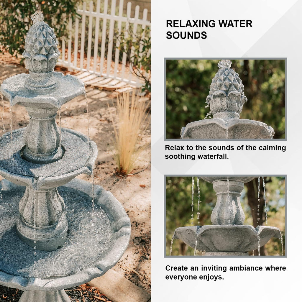XBrand 51' 3-Tier Outdoor Freestanding Waterfall Fountain with Pump and Pineapple Finial, Gray