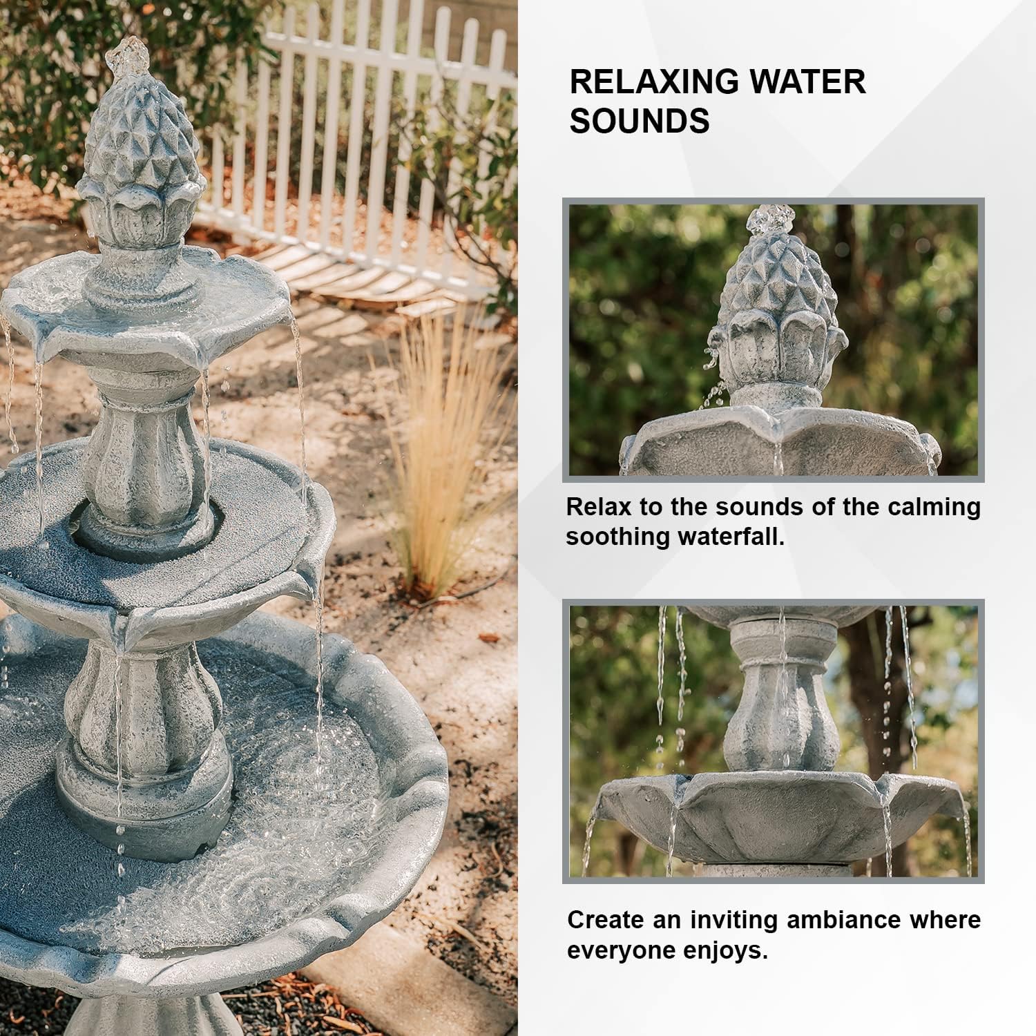XBrand 51' 3-Tier Outdoor Freestanding Waterfall Fountain with Pump and Pineapple Finial, Gray