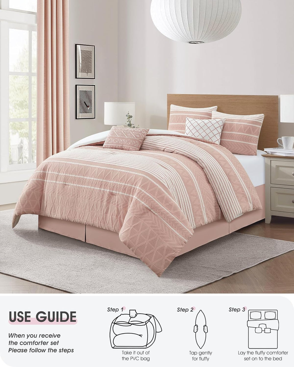 LANCO MODERN LIFESTYLE Cotton Comforter Set Queen, Gorgeous Geometric Jacquard, Blush Soft Lightweight Bedding Set for All Seasons, Bedskirt, Pillow Shams and Decor Pillows