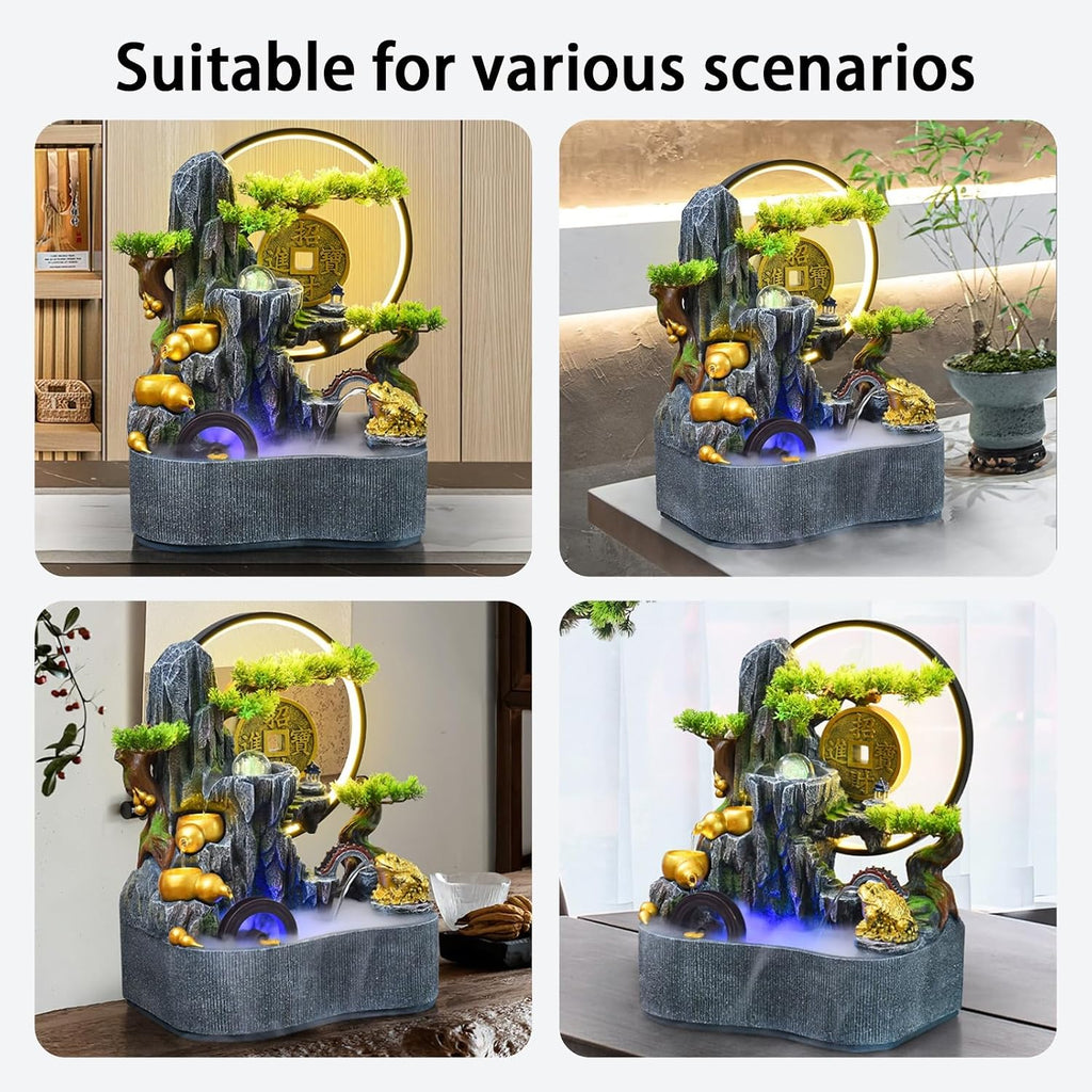 Tabletop Water Fountain, Indoor Bonsai Waterfall with LED Light, Resin Desk for Living Room, Office, Bedroom, Study(A)