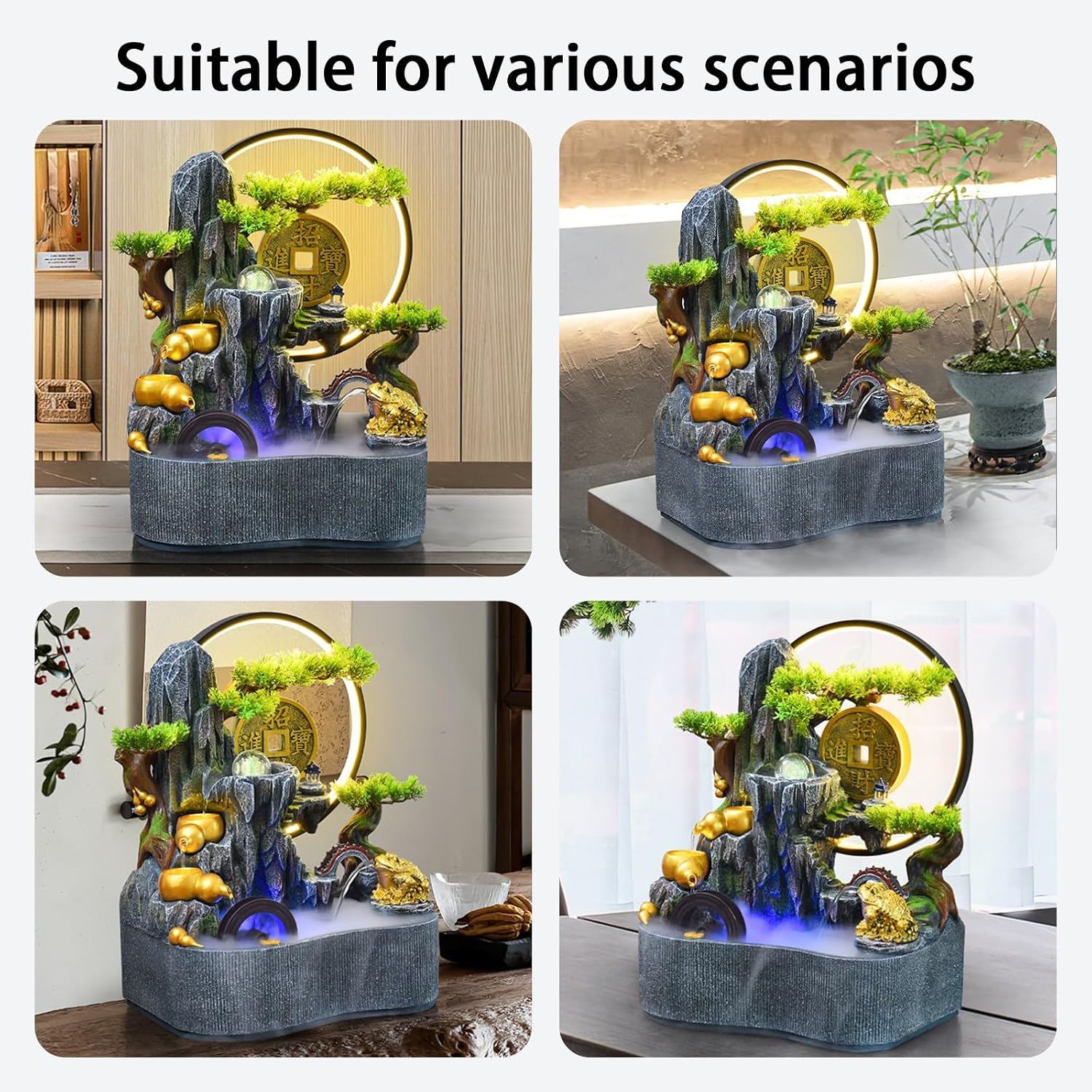 Tabletop Water Fountain, Indoor Bonsai Waterfall with LED Light, Resin Desk for Living Room, Office, Bedroom, Study(B)