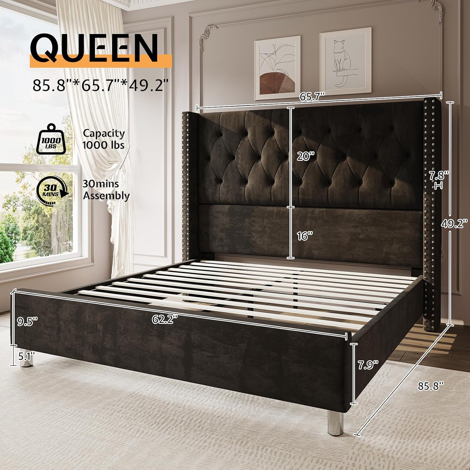 PaPaJet Upholstered Queen Bed Frame with Tall Headboard, Wingback Platform Bed, Low Profile Velvet Tufted Button, No Box Spring Needed, Easy Assembly, Black
