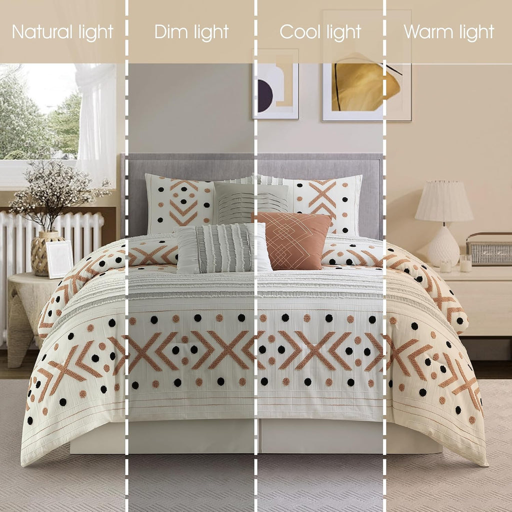 Stratford Park Taupe Terry Embroidery Comforter Set California King Size, 7 Piece Geometric Bedding Set, All Season Home Decor, Matching Pillow Shams, Bedskirt, Decorative Pillows
