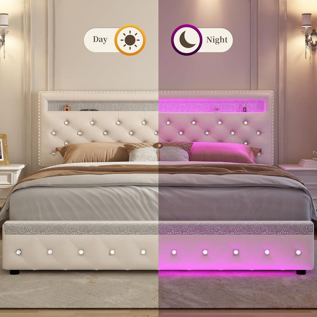 Queen Led Bed Frame with 2 Drawers, Modern Sturdy Adjustable Upholstered Crystal Button Tufted Headboard Platform Bedframe with Storage, No Box Spring Needed, Noise-Free, Easy Assembly, Velvet Cream