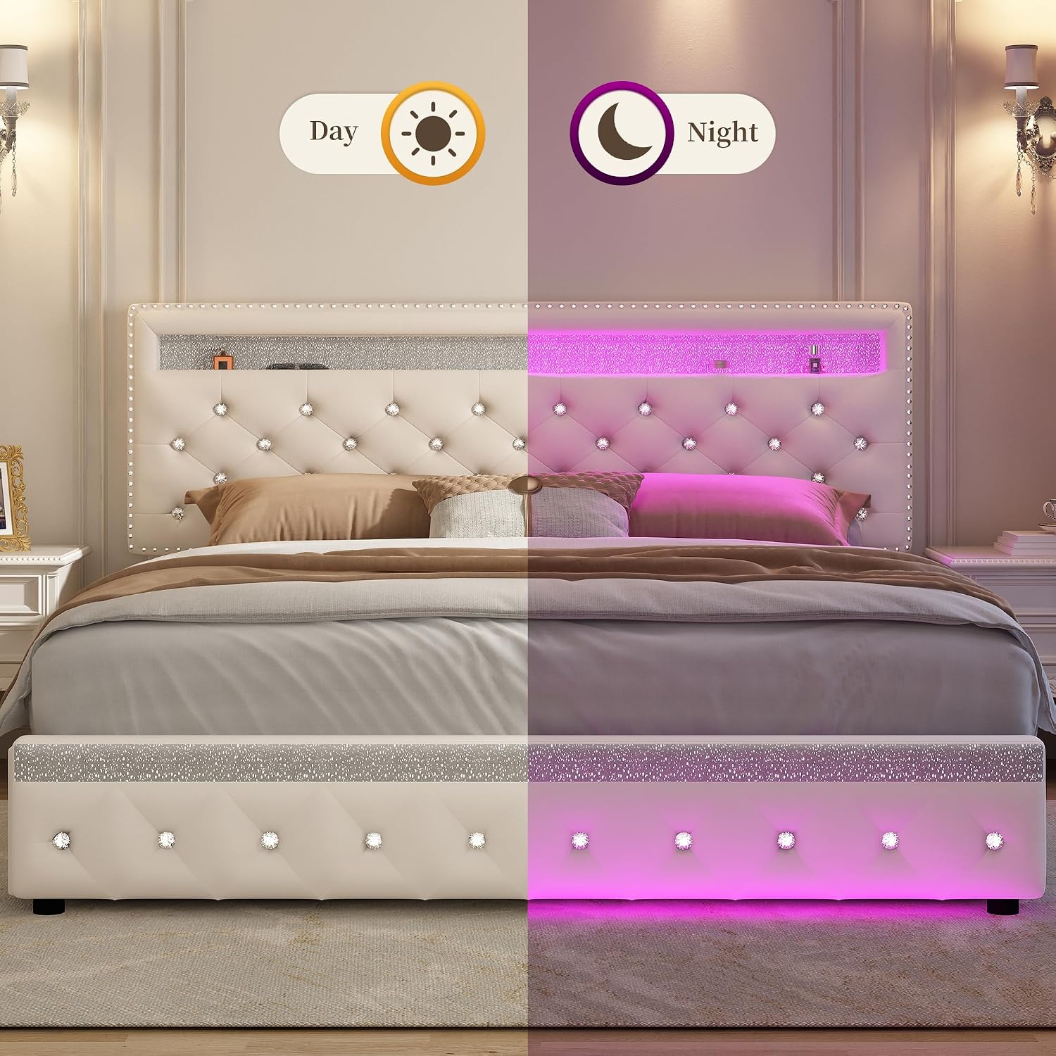 Queen Led Bed Frame with 2 Drawers, Modern Sturdy Adjustable Upholstered Crystal Button Tufted Headboard Platform Bedframe with Storage, No Box Spring Needed, Noise-Free, Easy Assembly, Velvet Cream