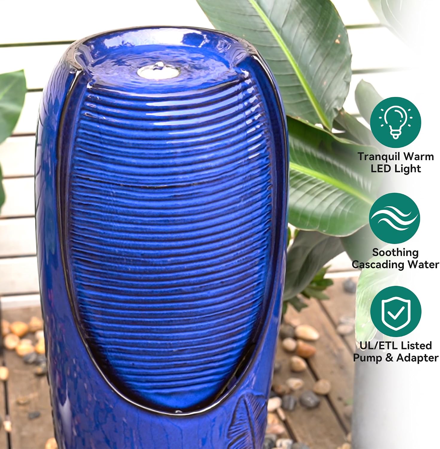 33' H Outdoor Garden Fountain with LED Lights, Modern Ceramic Jar Water Fountain, 3D Tropical Leaf Pattern, Cobalt Blue Glaze, Soothing Cascading Waterfall for Relaxing Patio, Yard, Porch