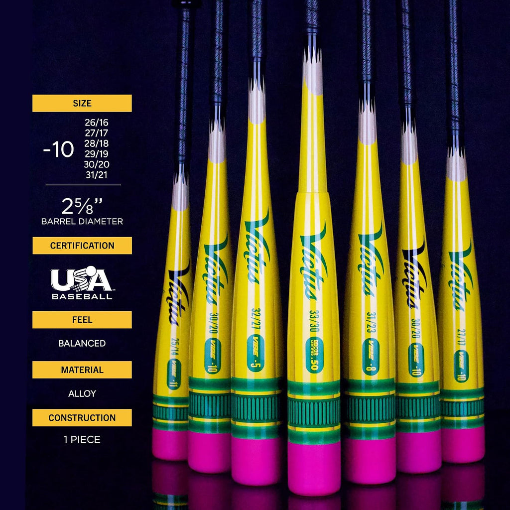 Victus Vibe Pencil Baseball Bat, 2 5/8' Barrel, -10 Drop, USA Baseball Certified