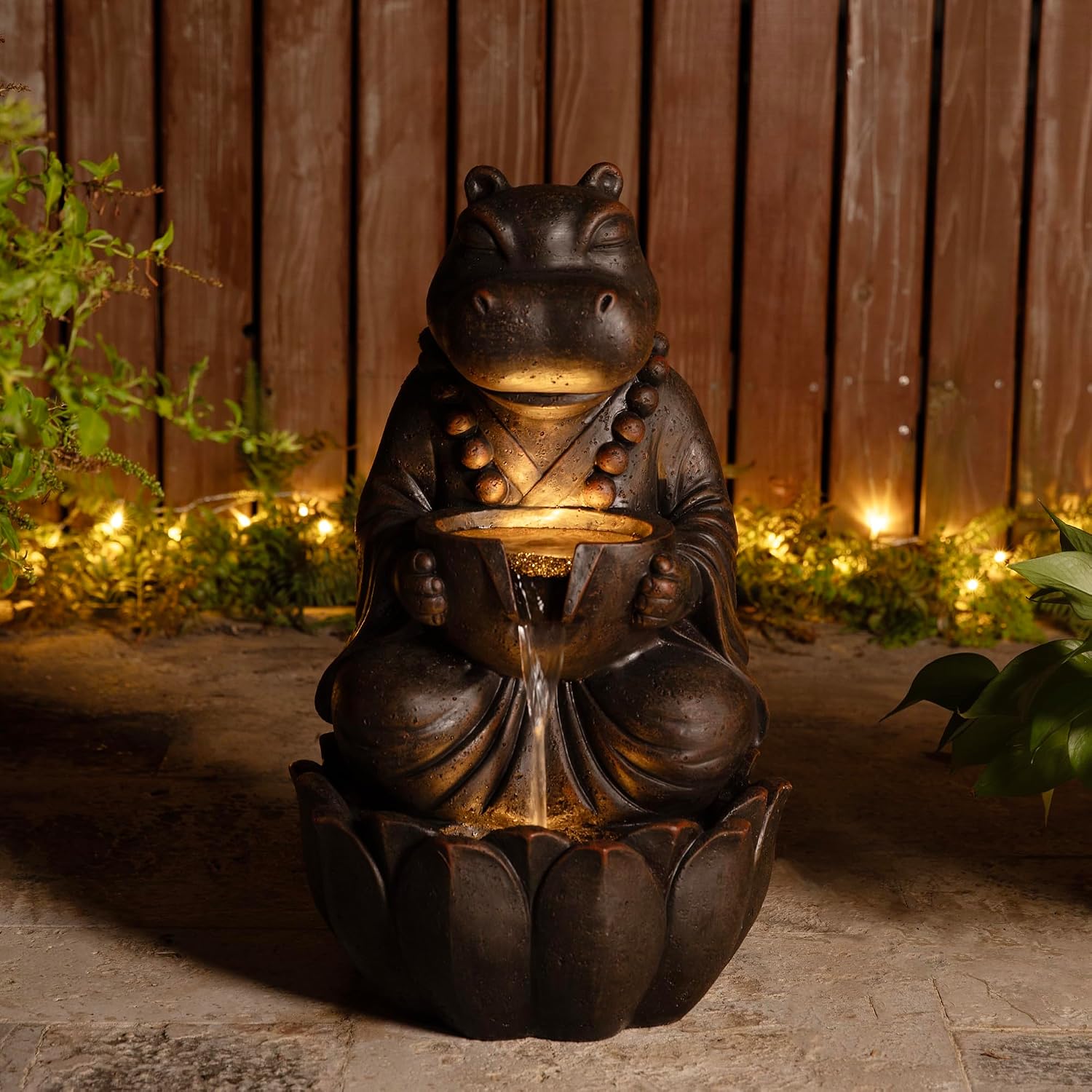 Glitzhome Water Fountain Outdoor, Outdoor Fountain with Lights, Zen-Style Water Fountain with Pump, 22' H 2-Tiered Bronze Hippo Polyresin Water Feature for Home Patio Garden Backyard Decor