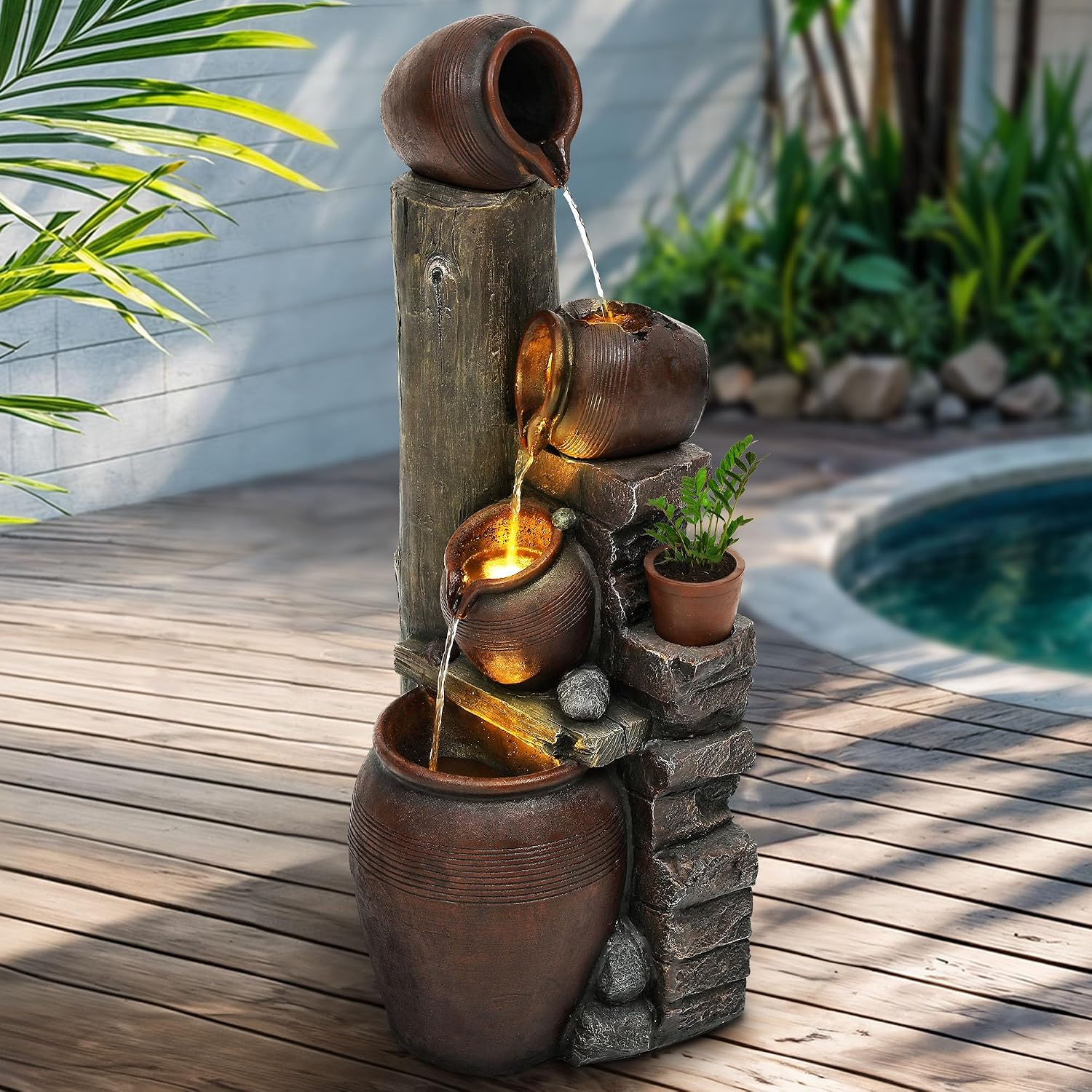 40' H Oversized Outdoor/Indoor Water Fountain with LED Lights and Pump, Cascading Pitchers Farmhouse Garden Fountain Waterfall for Patio, Porch, or Yard