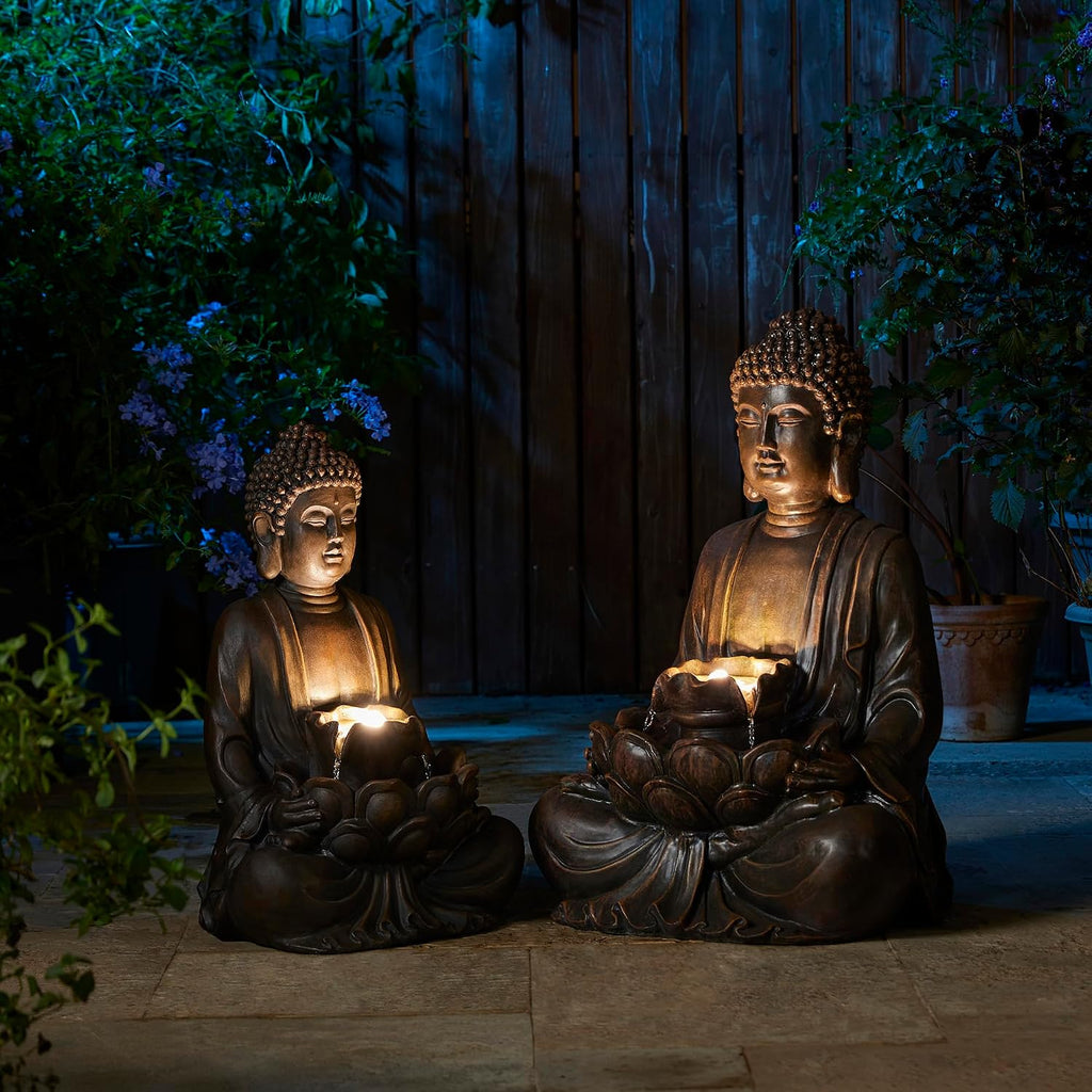 Glitzhome Buddha Fountain with Pump & LED Light, 2 Tier Zen Style Meditating Buddha Water Fountain Outdoor Fountains and Waterfalls Outdoor Buddha Statues for Garden Patio Backyard 28.25' H