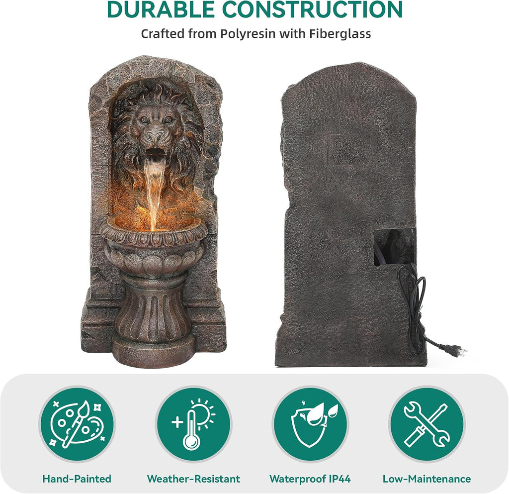 30' Lion Head Outdoor Water Fountain, Handcrafted Antique Stone Sculpture Garden Fountain, Warm LED-Lit Cascading Waterfall, Relaxing Fountains for Outside Garden Patio Yard Deck Floor Decor
