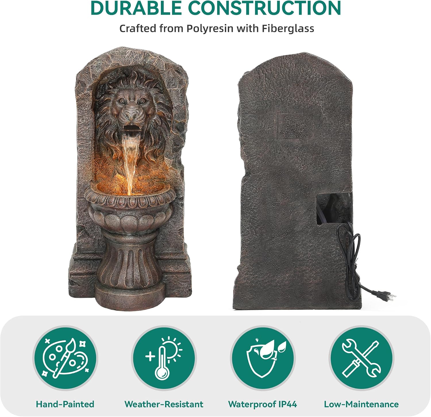 30' Lion Head Outdoor Water Fountain, Handcrafted Antique Stone Sculpture Garden Fountain, Warm LED-Lit Cascading Waterfall, Relaxing Fountains for Outside Garden Patio Yard Deck Floor Decor