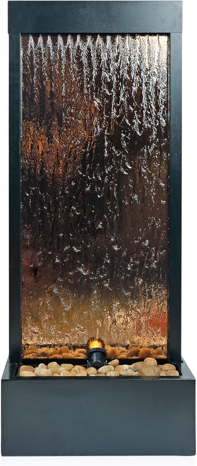 Alpine Corporation 48' Tall Indoor Modern Wall Mounted Zen Mirror Waterfall Floor Fountain with Stones and LED Lights Decor for Office, Living Room, Entryway, Bronze