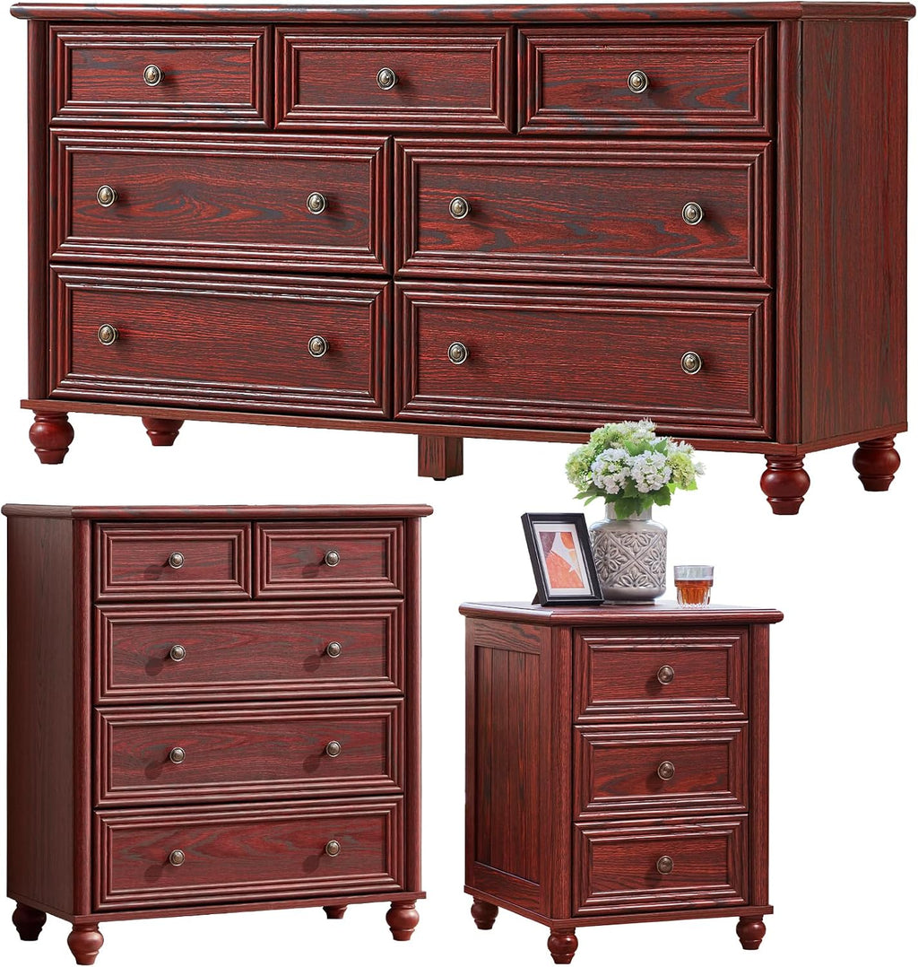 Farmhouse Dressers & Night Stand Set of 3, Wood 54' Wide 7 Drawer Dresser & 35.5'Tall Chest of Drawers, 18' with Charging Station Nightstand, Bedroom Furniture Dresser Set for Home Living Room Hallway
