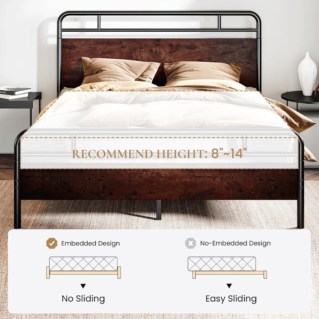 SHA CERLIN Queen Size Bed Frame with Wooden Headboard and Footboard, Rounded Corner Metal Structure, Heavy Duty Slats with Under-Bed Storage, No Box Spring Needed, Mahogany