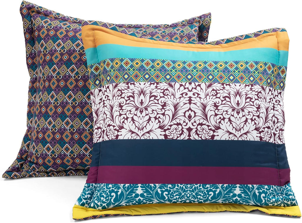 Lush Decor Boho Stripe Oversized Reversible 7 Piece Comforter Set, Full/Queen, Plum & Yellow