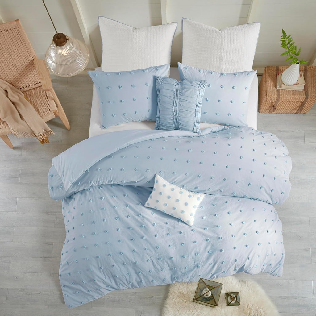 Intelligent Design Cotton Comforter Set - Jacquard Tufts Pompom Design All Season Bedding, Matching Shams, Decorative Pillows, Full/Queen (88 in x 92 in), Blue 7 Piece
