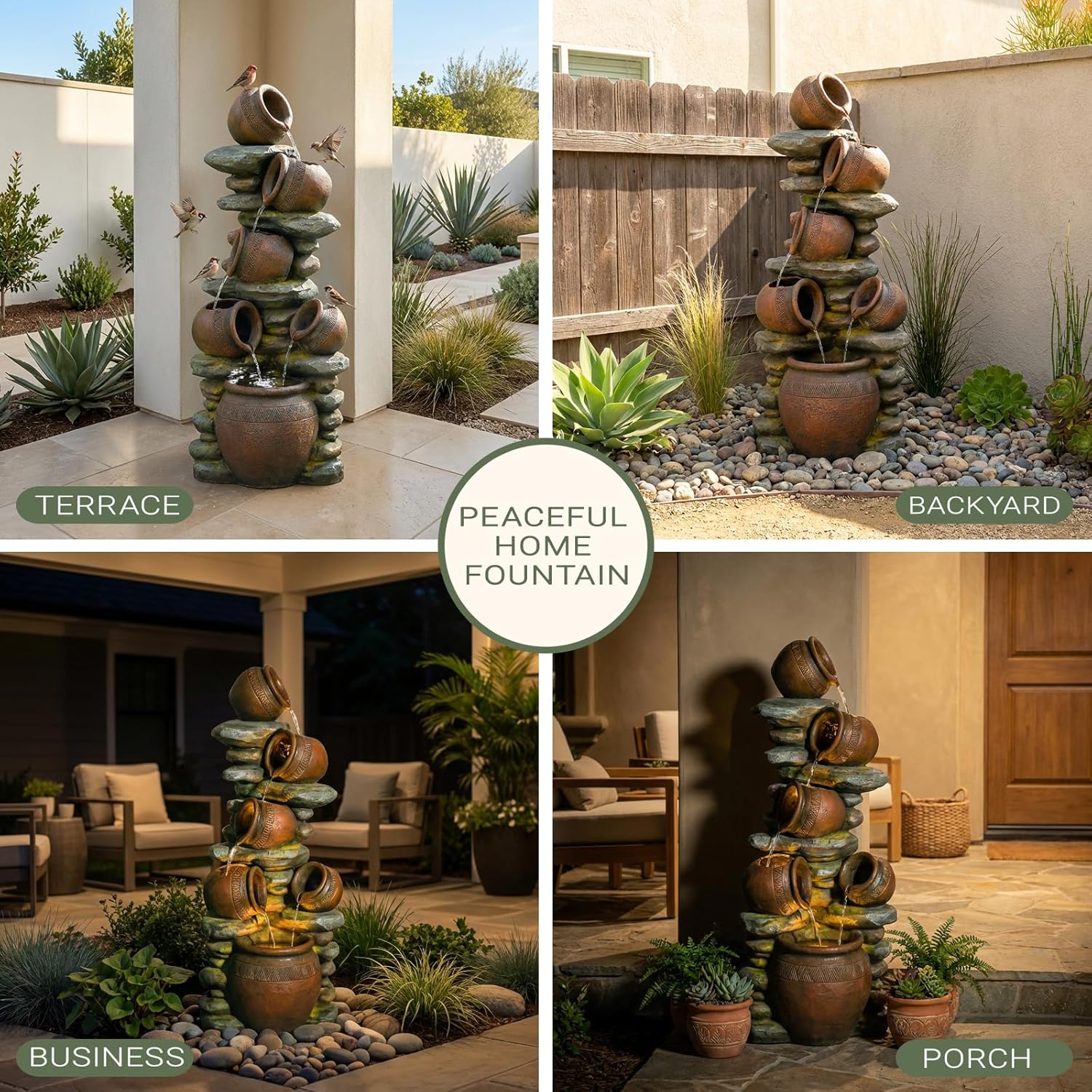60' H Large Outdoor Water Fountain, 5-Tier Cascading Waterfall Fountain Feature with LED Lights, Rustic Crock Garden Water Feature for Patio, Backyard, Porch, Indoor & Outdoor Décor