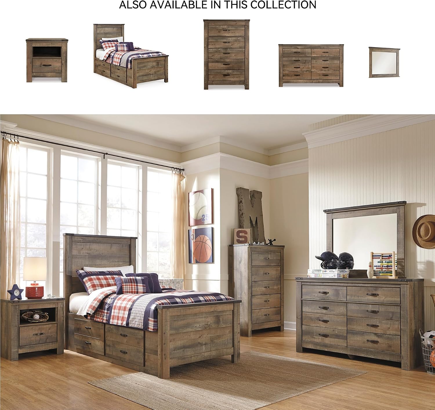 Signature Design by Ashley Trinell Rustic 5 Drawer Chest of Drawers with Nailhead Trim, Warm Brown
