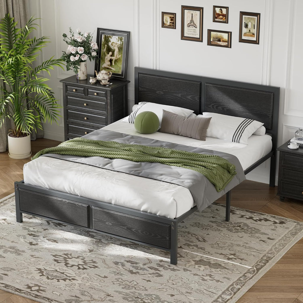 VECELO Full Bed Frames, Metal Platform Beds with Large Rustic Wooden Headboard, Metal Slats Support, Noise-Free/Easy Assembly, Black