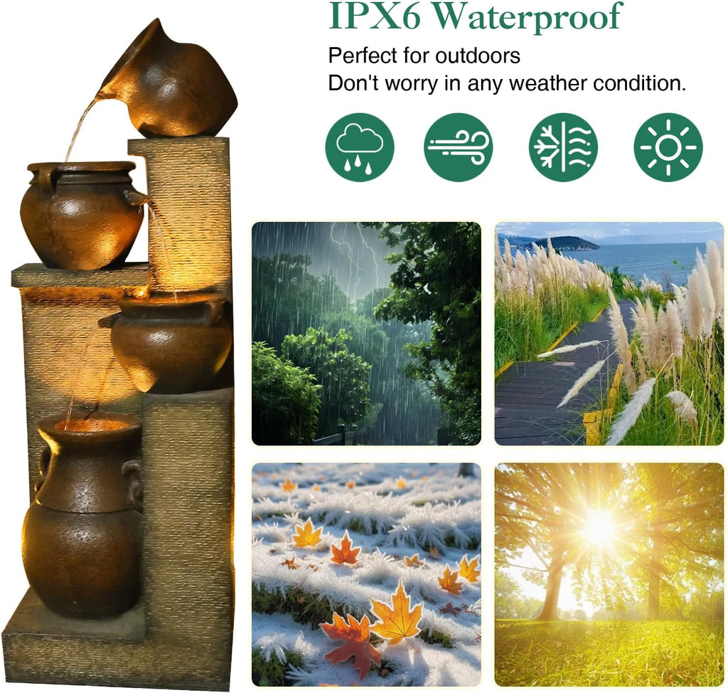 Bumilgar 53' H Patio Water Fountain - The 4 Cascading Modern Feature Crocks Garden Fountains and Waterfalls with Warm Lights for Porch, Deck, Patio, Backyard Home Décor (Gold)