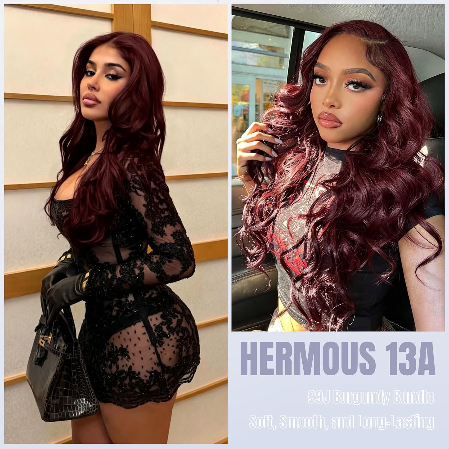 Double Drawn Dark Burgundy Human Hair Bundles with 4x4 Lace Closure, 13A 100% Raw Hair Body Wave #99J Wine Red Colored 3 Bundles with HD Transparent Lace Free Parting 10 12 14 + 10 Inch