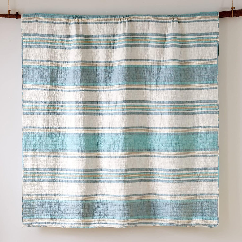 Levtex Home - Kailua Quilt Set - Queen Quilt + Two Standard Pillow Shams - Stripe - Blue Teal Taupe Cream - Quilt (88x92in.) and Pillow Shams (26x20in.) - Reversible - Cotton Fabric