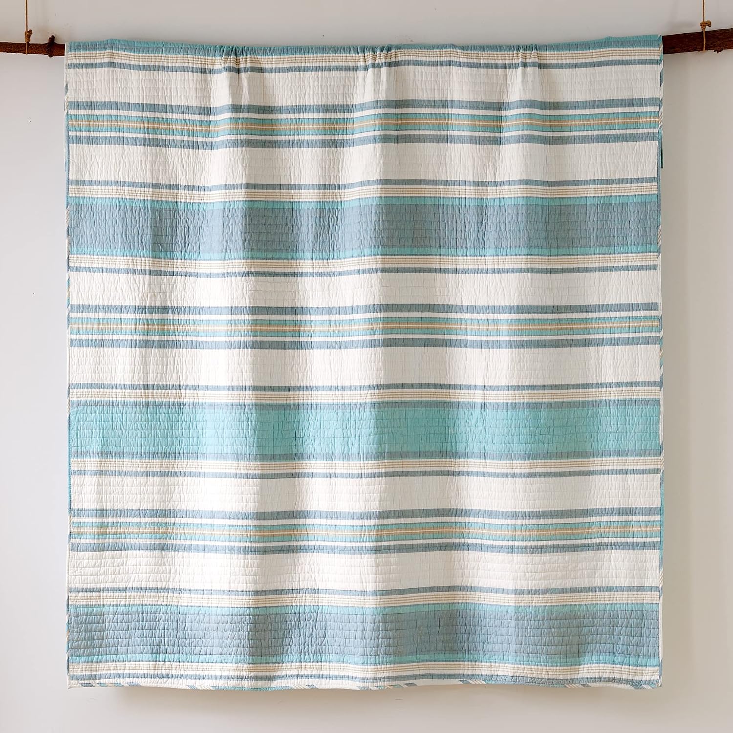 Levtex Home - Kailua Quilt Set - Queen Quilt + Two Standard Pillow Shams - Stripe - Blue Teal Taupe Cream - Quilt (88x92in.) and Pillow Shams (26x20in.) - Reversible - Cotton Fabric